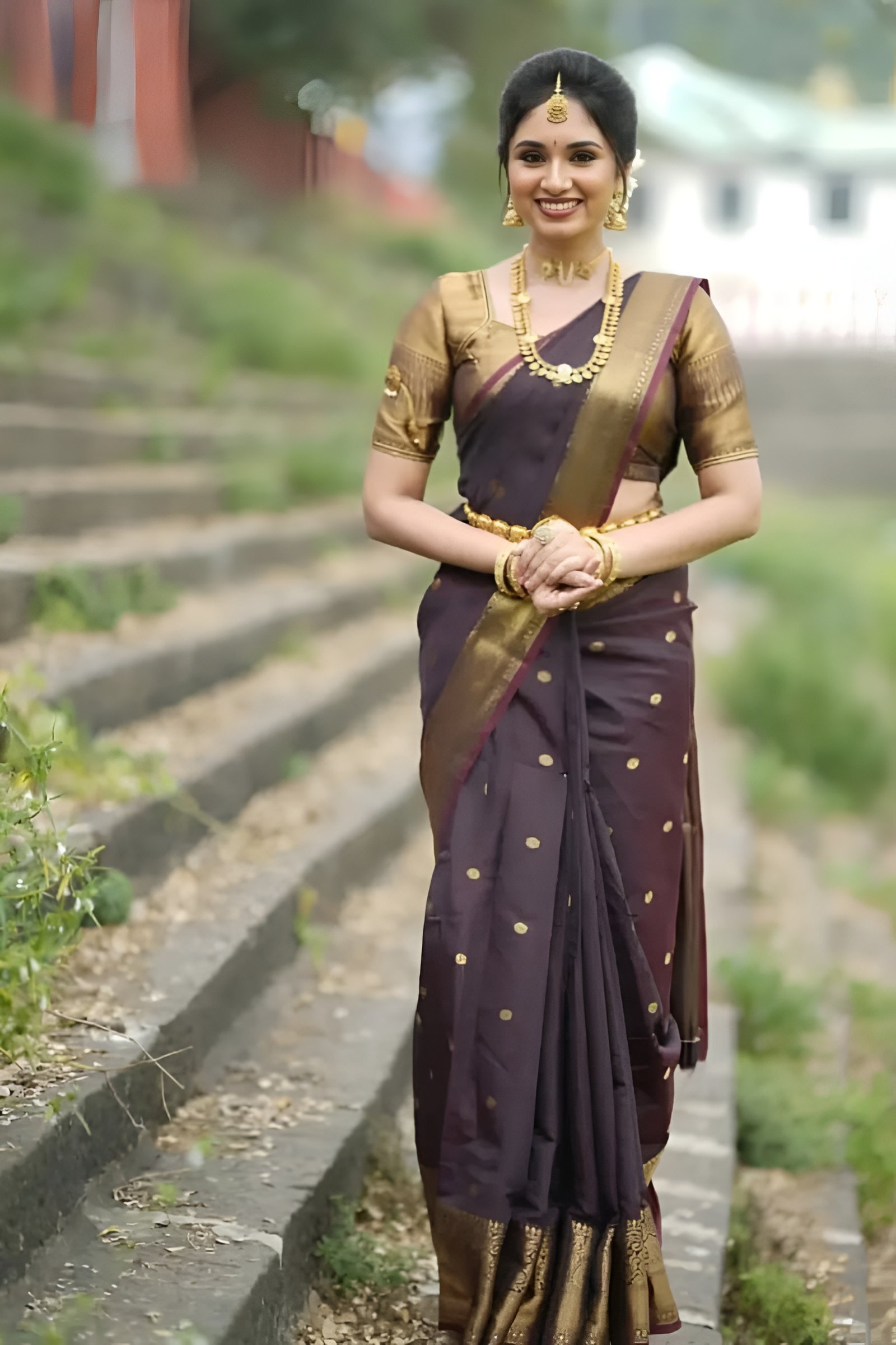 Banarasi Semi Katan - Dark Brown with Golden Border Saree
