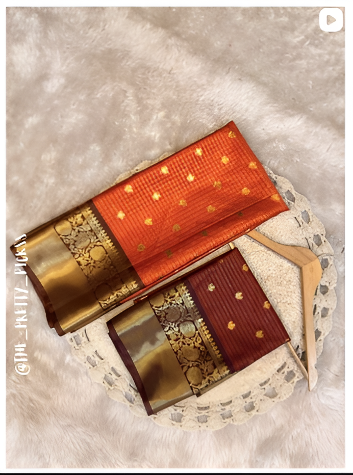 Banarasi Semi Katan Checked  - Burnt Orange with Brown Saree