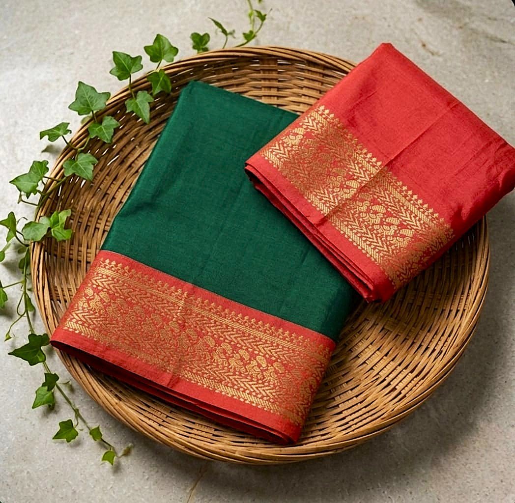 Mysore Crape- Bottle Green wiith Red Border Saree