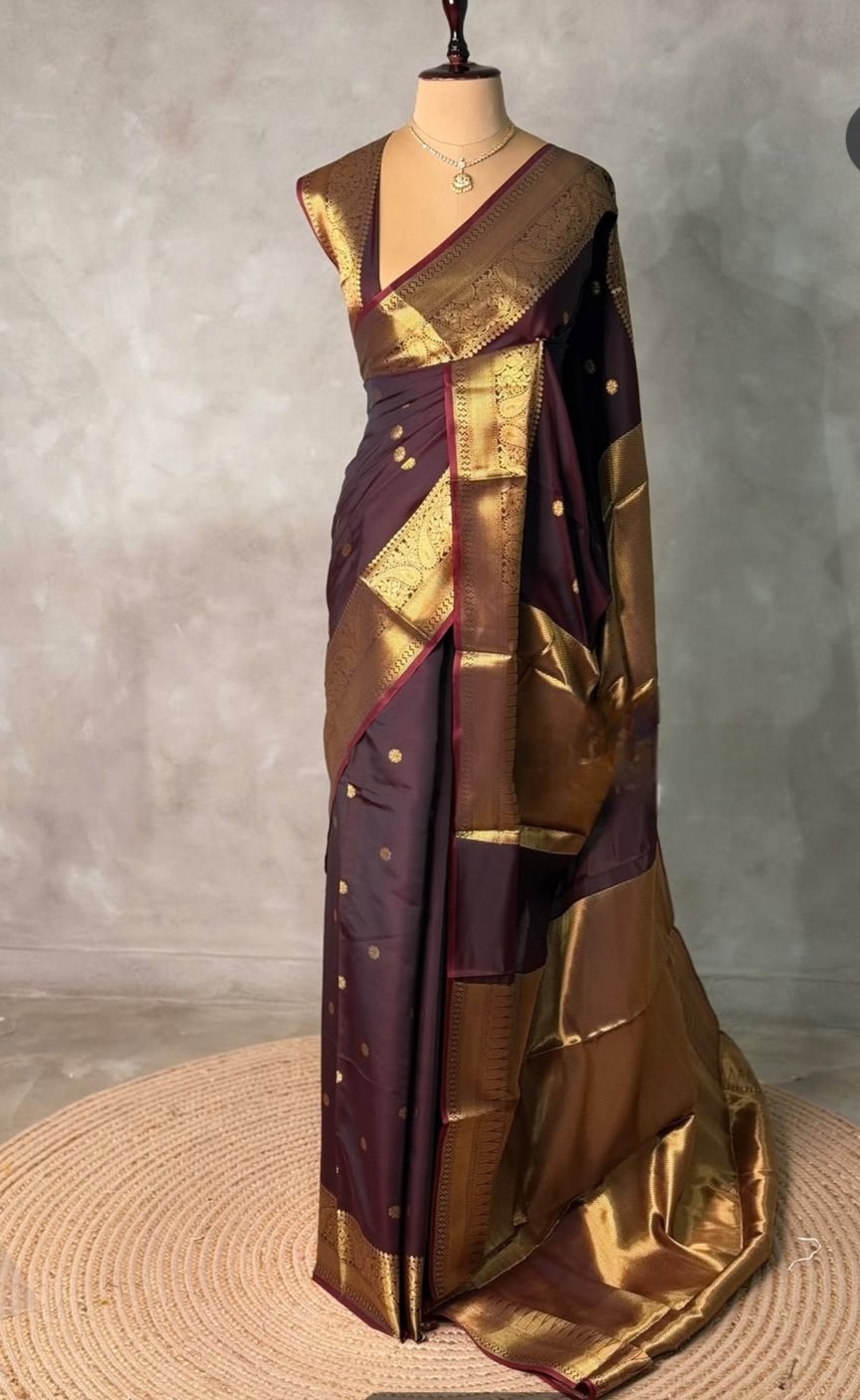 Banarasi Semi Katan - Dark Brown with Golden Border Saree